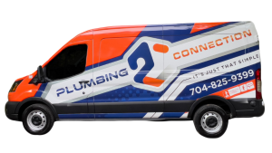 Side view of Plumbing Connection van with blue, orange, and white design and contact number 704-825-9399 displayed clearly.